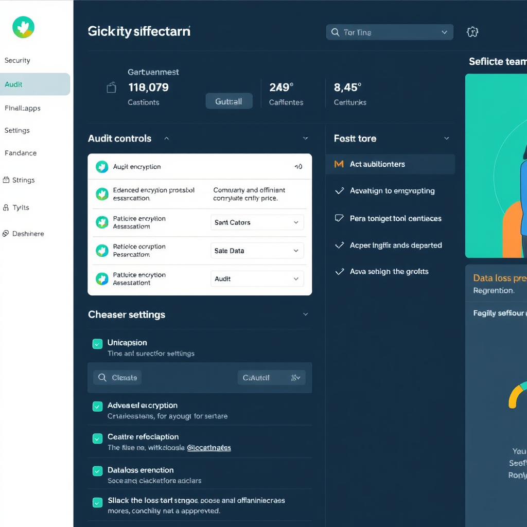 Slack security dashboard displaying advanced encryption protocols, audit controls, and data loss prevention settings for enterprise teams