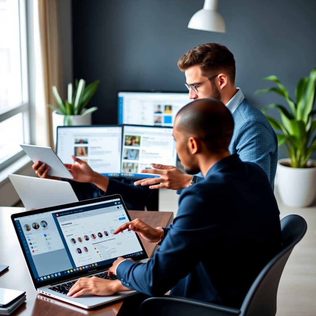 Professional remote workers collaborating through digital workspace platforms on laptops and tablets, showing organized channel-based communication interfaces and productivity dashboards