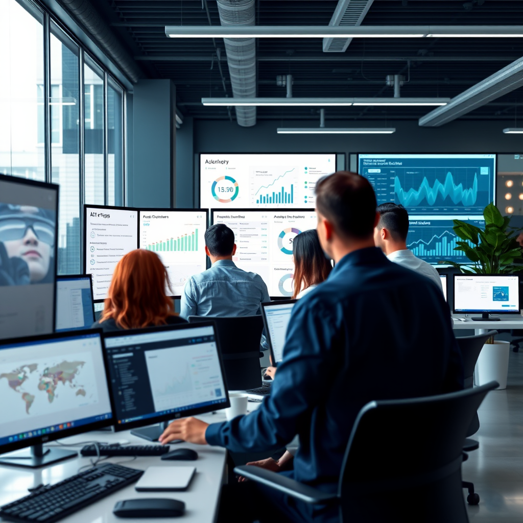 Modern office workspace showing AI-powered automation dashboard on computer screens with team members collaborating around digital workflow charts and communication interfaces