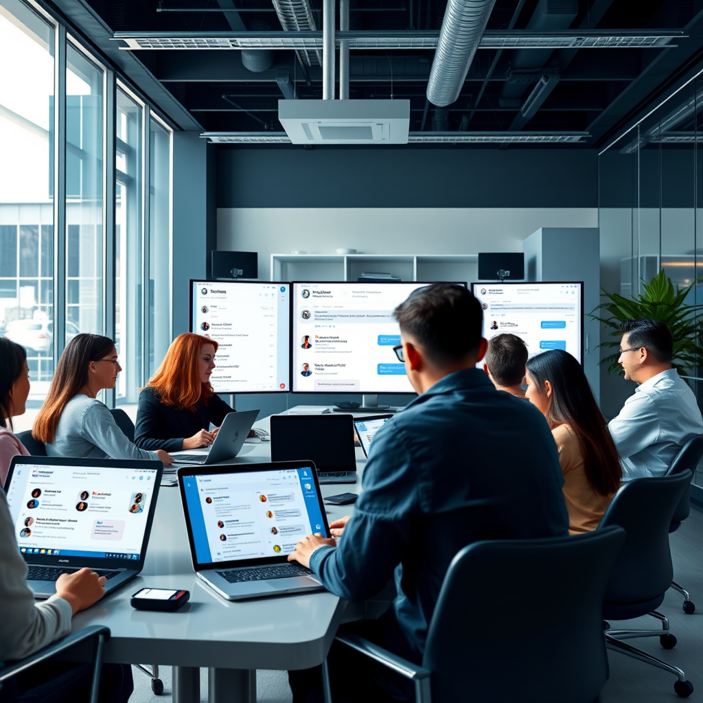 Modern office workspace with multiple screens showing team messaging interface, people collaborating around a conference table with laptops and mobile devices displaying chat conversations and channel organization