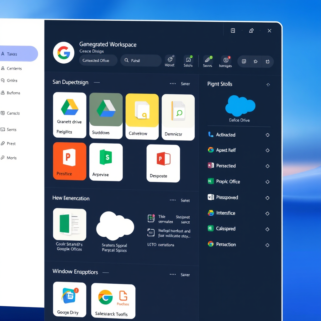 Centralized workspace dashboard displaying integrated applications including Google Drive, Microsoft Office, and Salesforce with unified interface design