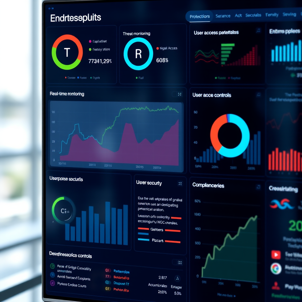 Enterprise security dashboard showing real-time threat monitoring, user access controls, and compliance metrics for digital workspace protection