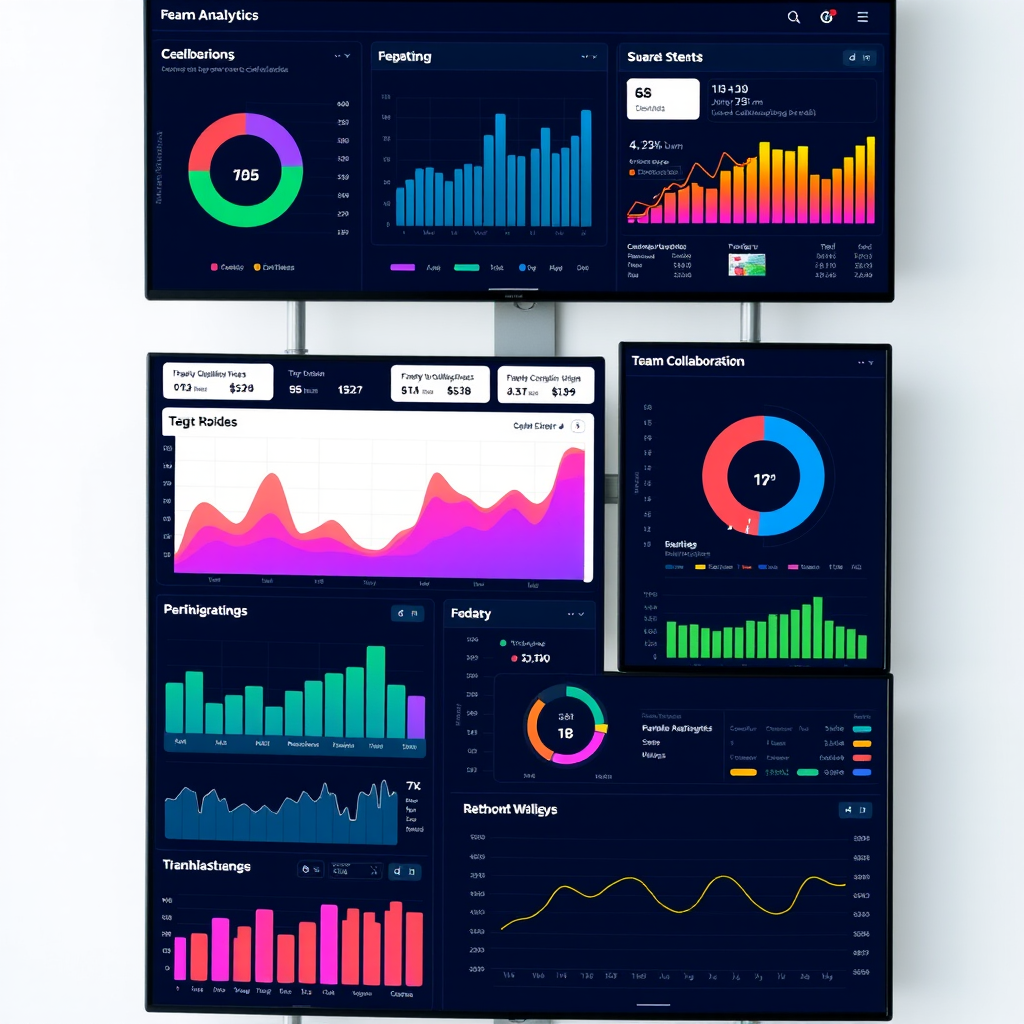 Modern analytics dashboard showing team collaboration metrics with colorful charts, graphs, and data visualizations on multiple screens