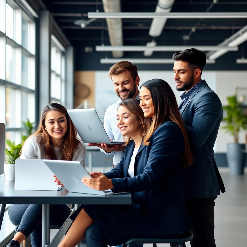 Diverse team of professionals collaborating successfully using digital workspace tools, showing increased productivity and seamless communication