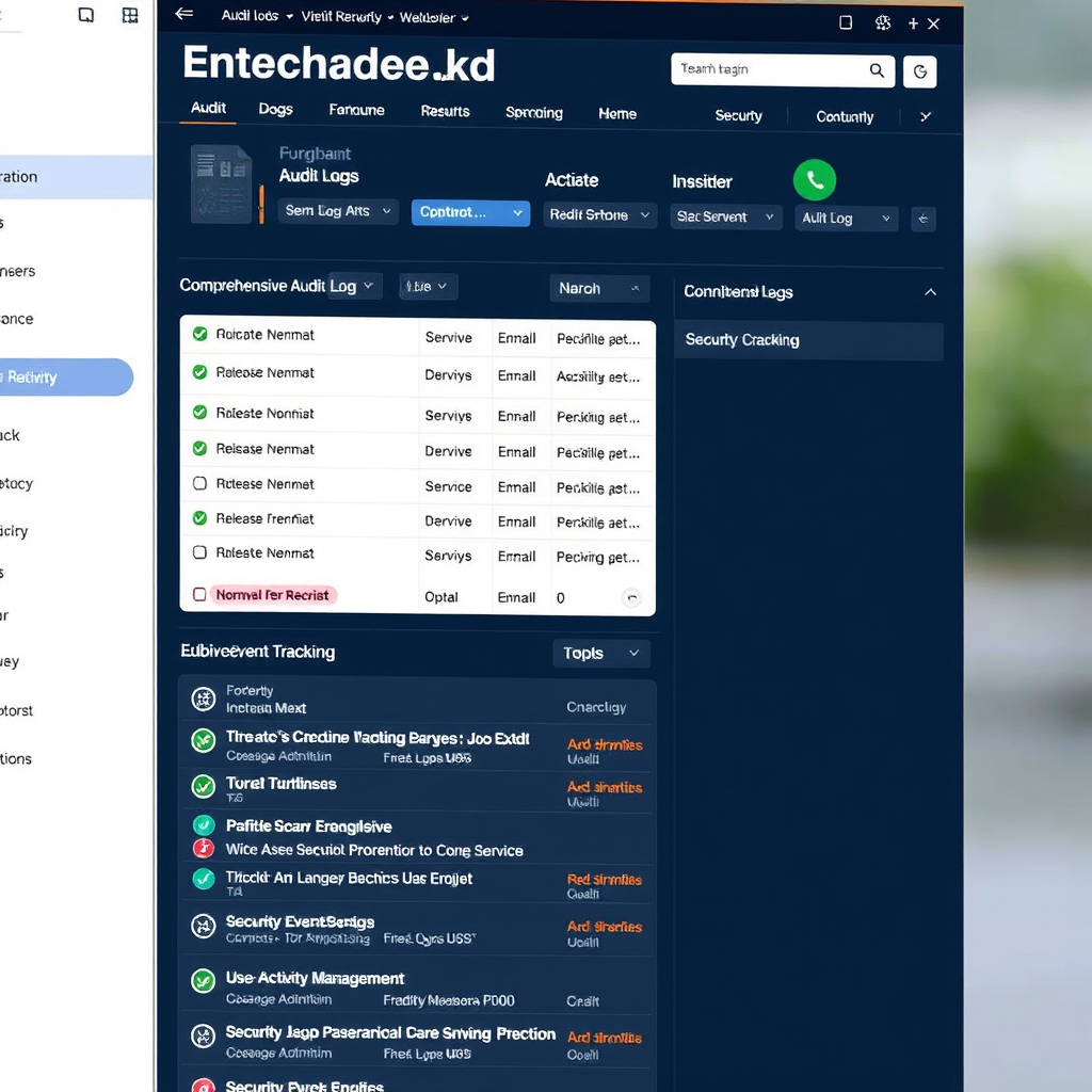 Enterprise administration panel displaying comprehensive audit logs, user activity monitoring, and security event tracking for team workspace management