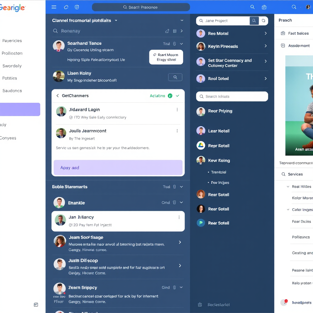 Clean digital workspace interface showing organized communication channels, project threads, and integrated file sharing system with clear navigation and search functionality