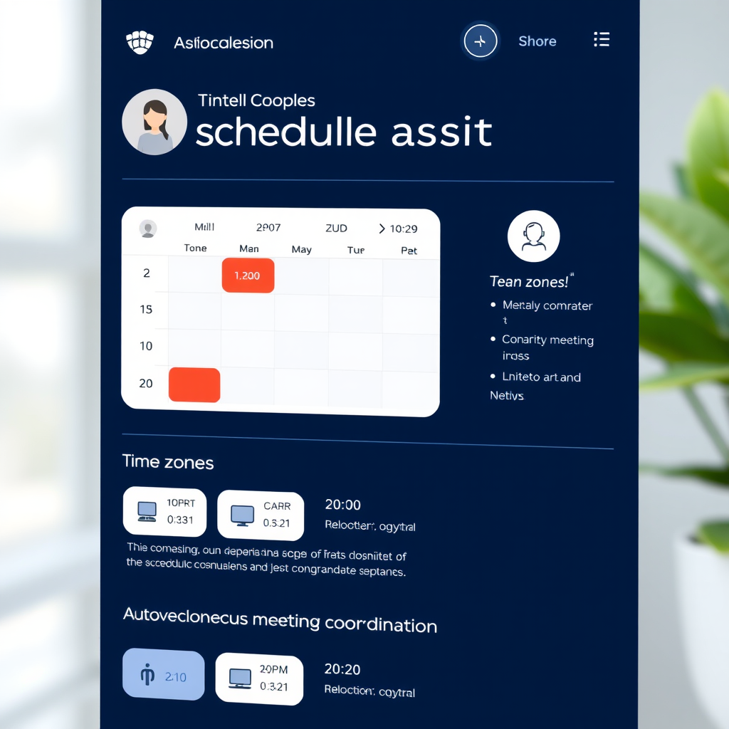 Clean interface showing AI scheduling assistant with calendar integration, time zone displays, and automated meeting coordination features for team collaboration