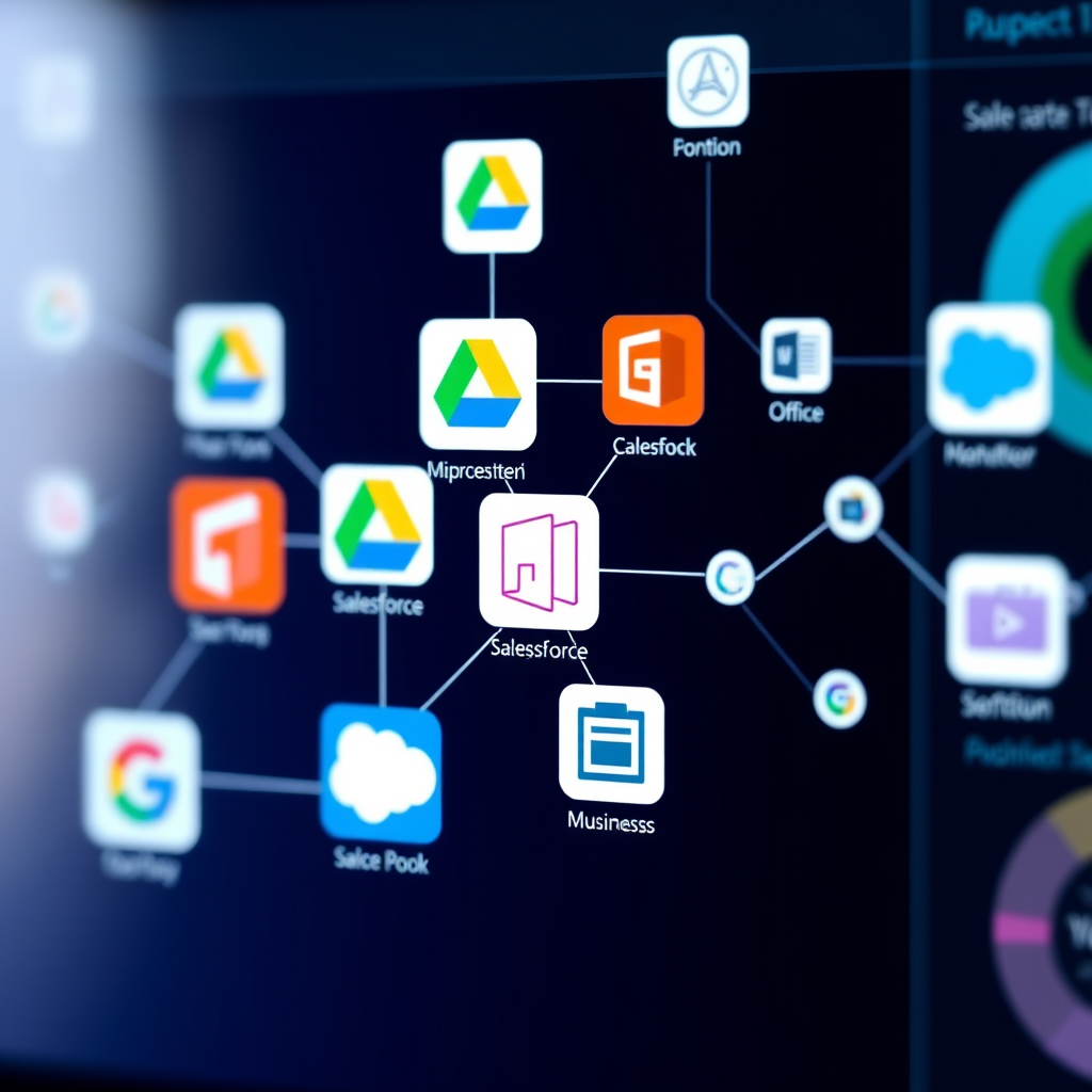 Digital dashboard showing various business application icons connected by flowing lines, representing integration between Google Drive, Microsoft Office, Salesforce and other productivity tools in a unified workspace environment