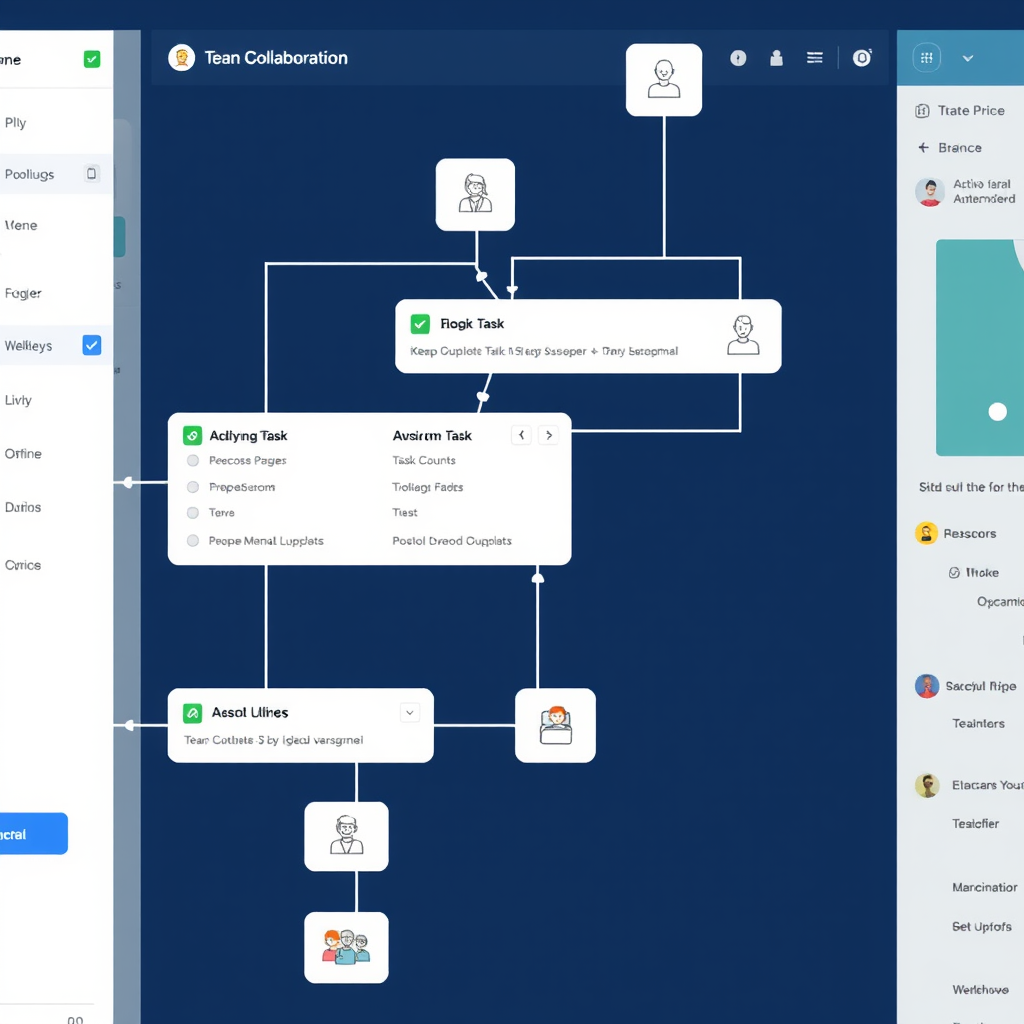 Visual representation of automated task management system with interconnected workflows, task assignments, and progress tracking in a team collaboration environment