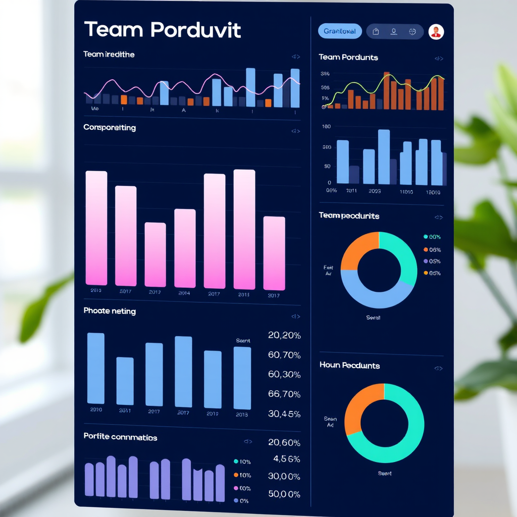 Interactive data visualization showing team productivity metrics with bar charts, line graphs, and pie charts displaying collaboration statistics