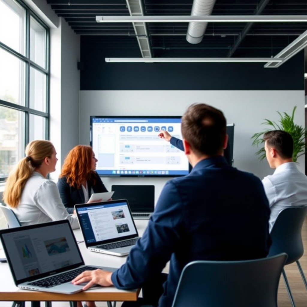 Professional team training session showing employees learning digital collaboration best practices on laptops with instructor demonstrating channel organization and workflow integration