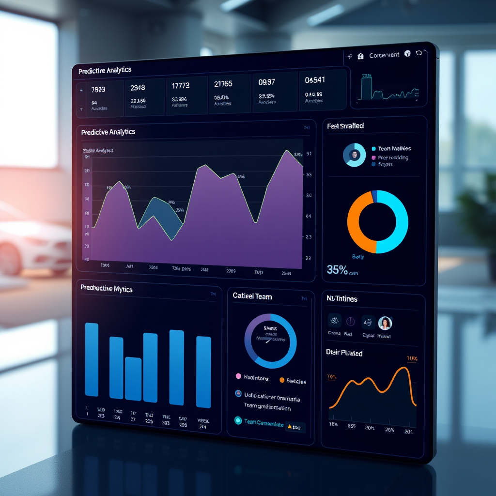 Futuristic dashboard displaying predictive analytics charts, automated workflow suggestions, and personalized productivity metrics for team communication optimization