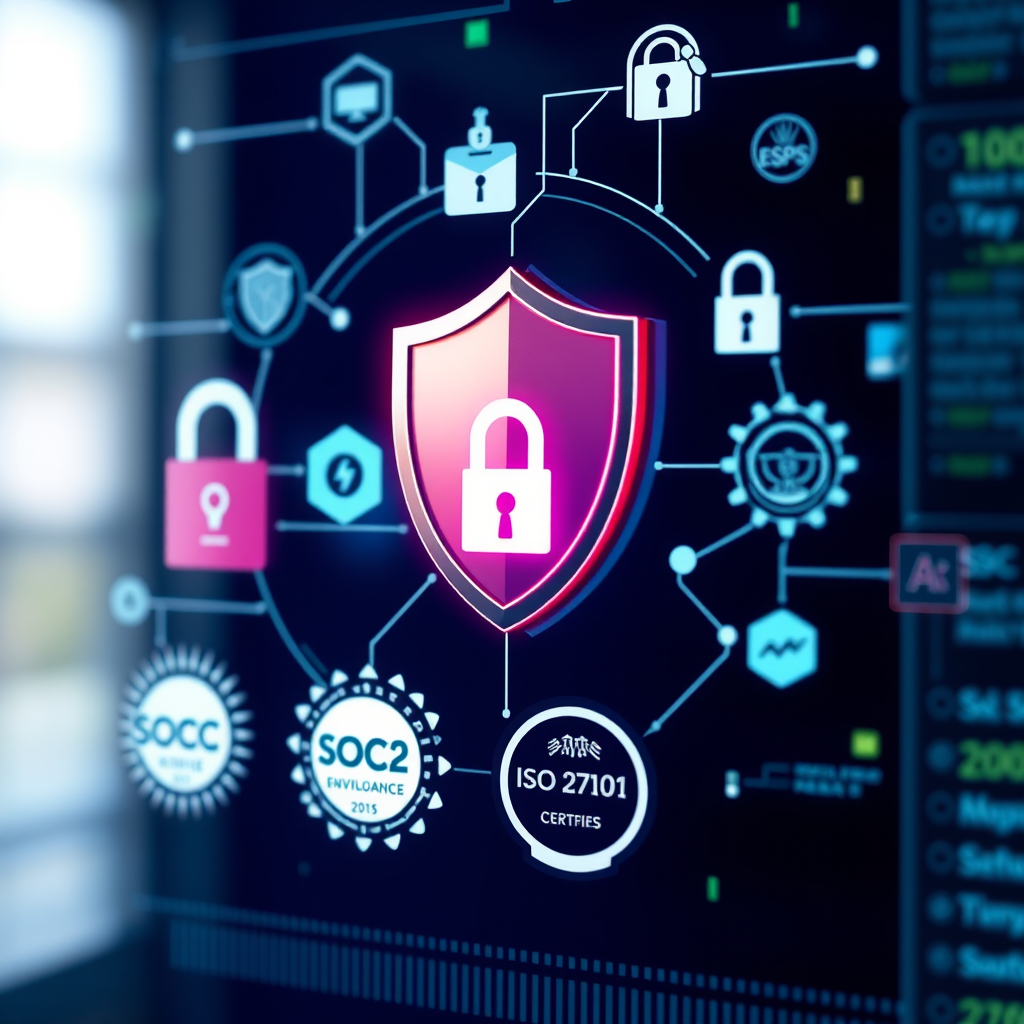 Secure digital environment visualization with shield icons, encryption symbols, lock mechanisms, and compliance badges including SOC 2 and ISO 27001 certifications displayed on a clean professional interface