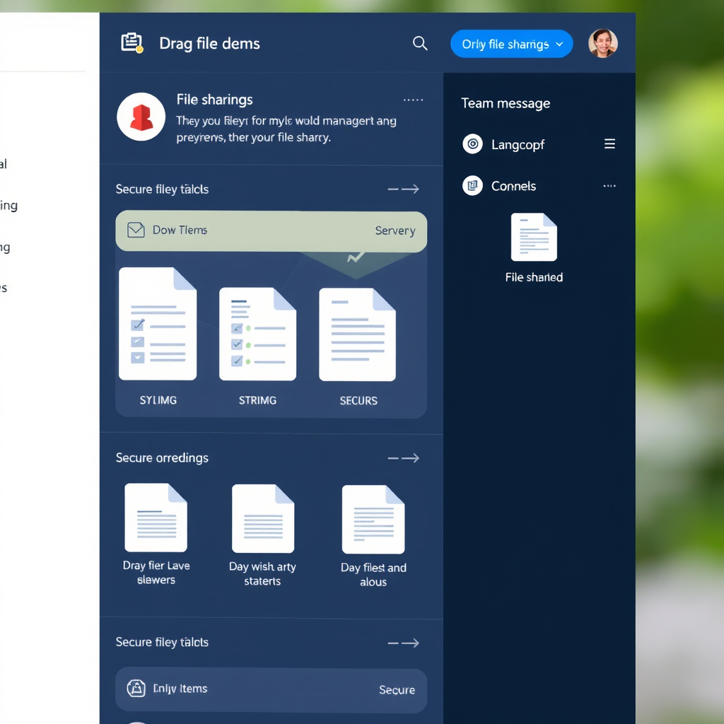 File sharing interface showing drag-and-drop functionality, document previews, and secure file management within team messaging platform
