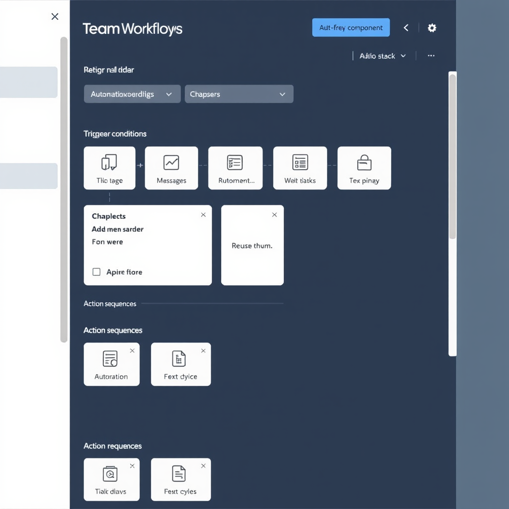 Interactive workflow builder interface showing drag-and-drop automation components, trigger conditions, and action sequences for creating custom team workflows