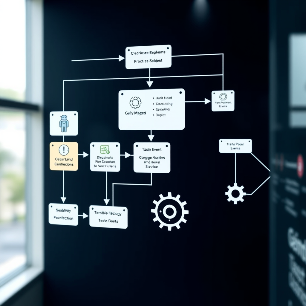 Automated workflow diagram showing interconnected process nodes, trigger events, and action sequences with robotic elements and gear mechanisms representing intelligent task automation in a business environment