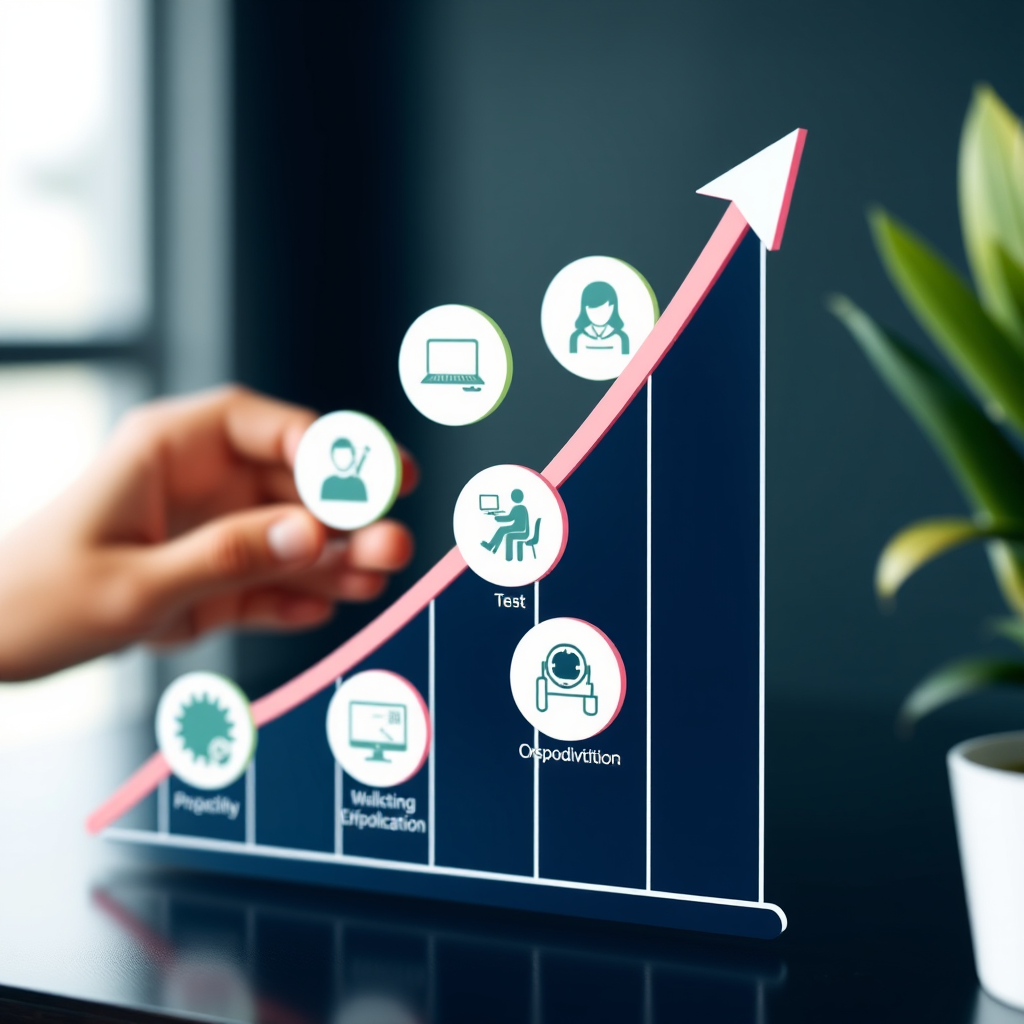Upward trending productivity chart with remote work icons showing increased efficiency through structured digital collaboration and organized team communication