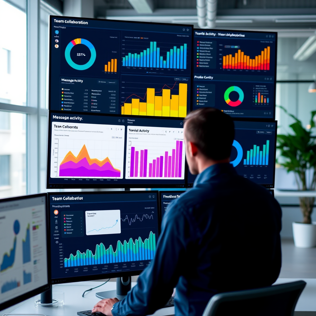 Professional analytics dashboard displaying colorful charts, graphs, and metrics showing team collaboration data, message activity trends, and productivity insights on multiple monitor screens in a modern office setting