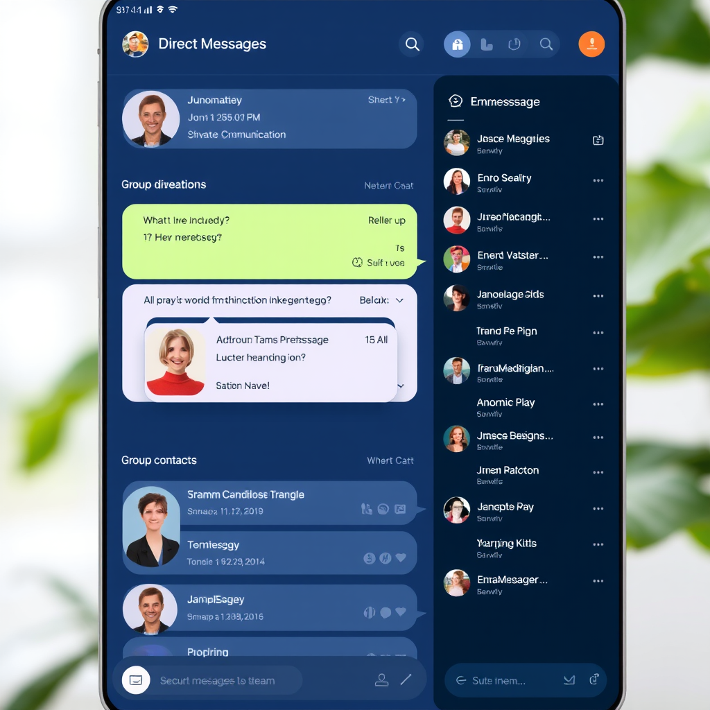 Direct messaging and group chat interface showing private conversations, group discussions, and contact management in team communication platform